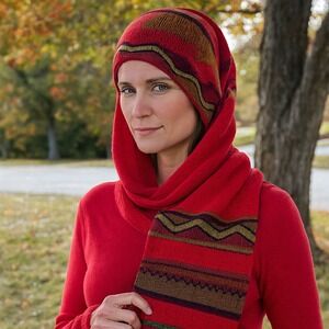 Peruvian Alpaca Wool Beanie‎ Scarf 2 in 1 Knit Red Sky Cabincore Peruvian Soul